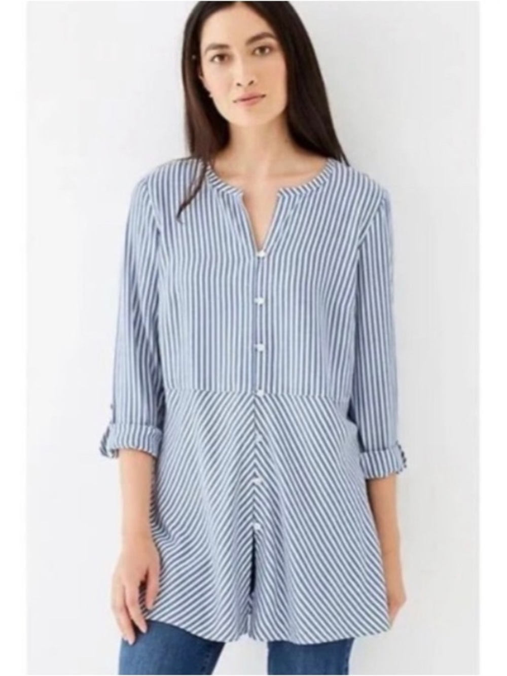 J. Jill Blue and White Vertical Stripe Tunic with Button Placket, Size Medium